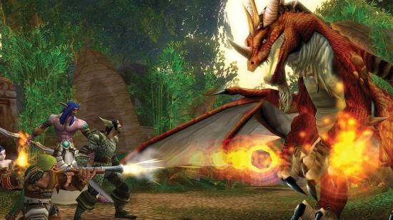 The best MMORPG - an elf is shooting a fireball at a red dragon.