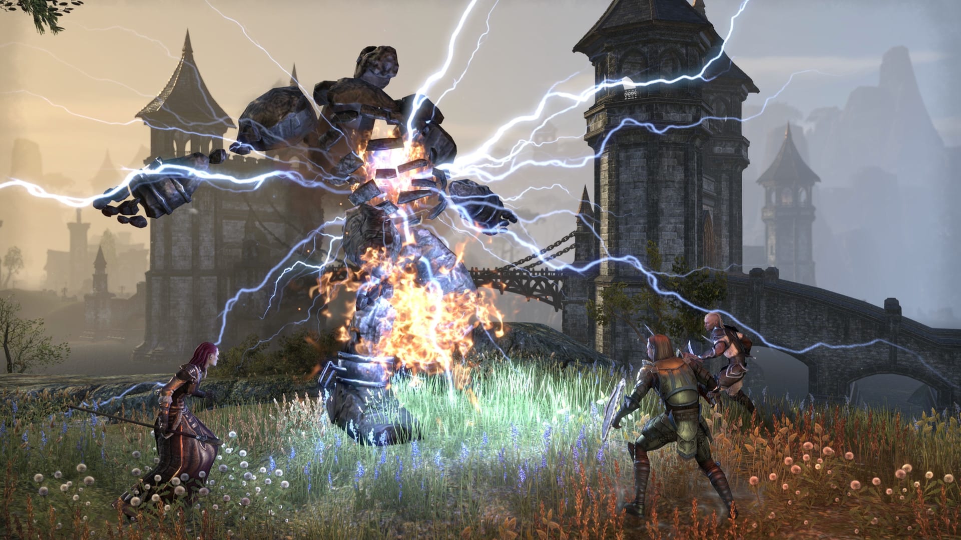 Best MMORPG games: The Elder Scrolls Online. Image shows a party of three characters coming up against a large stone creature with electricity coming out of it.