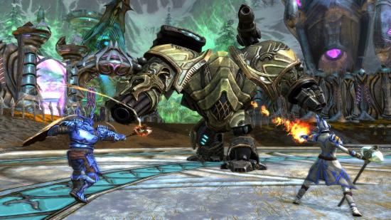 Best MMORPG games: Rift. Image shows two armoured figures fighting a large mechanical being.
