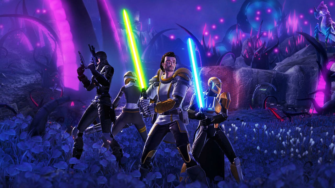 최고의 MMORPG 게임 : Star Wars : Old Republic. 이미지는 4 명의 파티, 전투 준비가되어있는 파티를 보여줍니다. 그중 일부는 총이 있고 일부는 광선 검이 있습니다