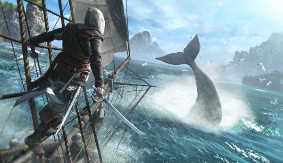 Best pirate games: a pirate aboard a ship in Black Flag views a whale as it flicks its tail out of the ocean