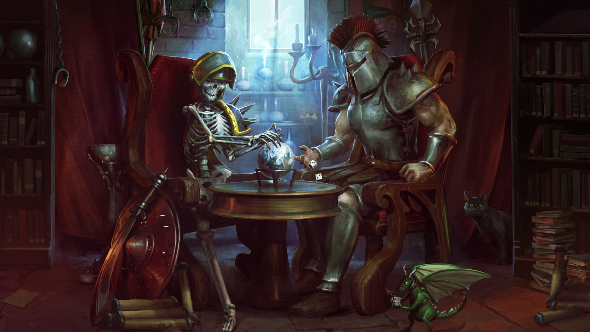 Migliori giochi per PC gratuiti: Runescape. L'immagine mostra un cavaliere e uno scheletro a un tavolo insieme. Lo scheletro è vivo
