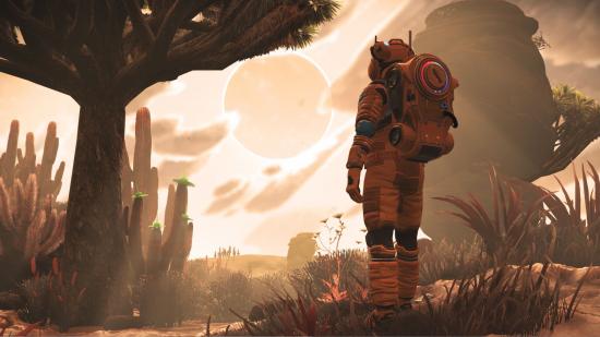No Man's Sky: The main protagonist stares at the sky in one of the best building games