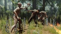 The Forest 5 million sales: Two cannibals wielding bone clubs made from human skulls attack the protagonist of The Forest