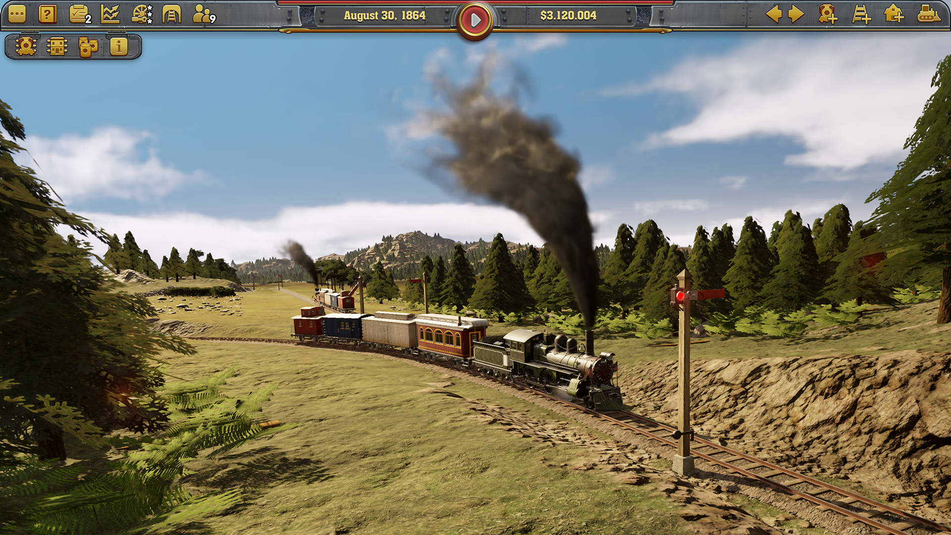 Best simulation games: Railway Empire. Image shows a train driving along a track.