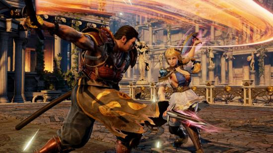 Best fighting games: Mitsurugi and Sophitia are sparring in a greek-themed arena in Soulcalibur VI.