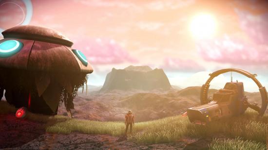 Best crafting games - No Man's Sky: A promotional image shows a figure standing looking over a beautiful, sprawling landscape, as the sun beams down on them and a futuristic building and vehicle