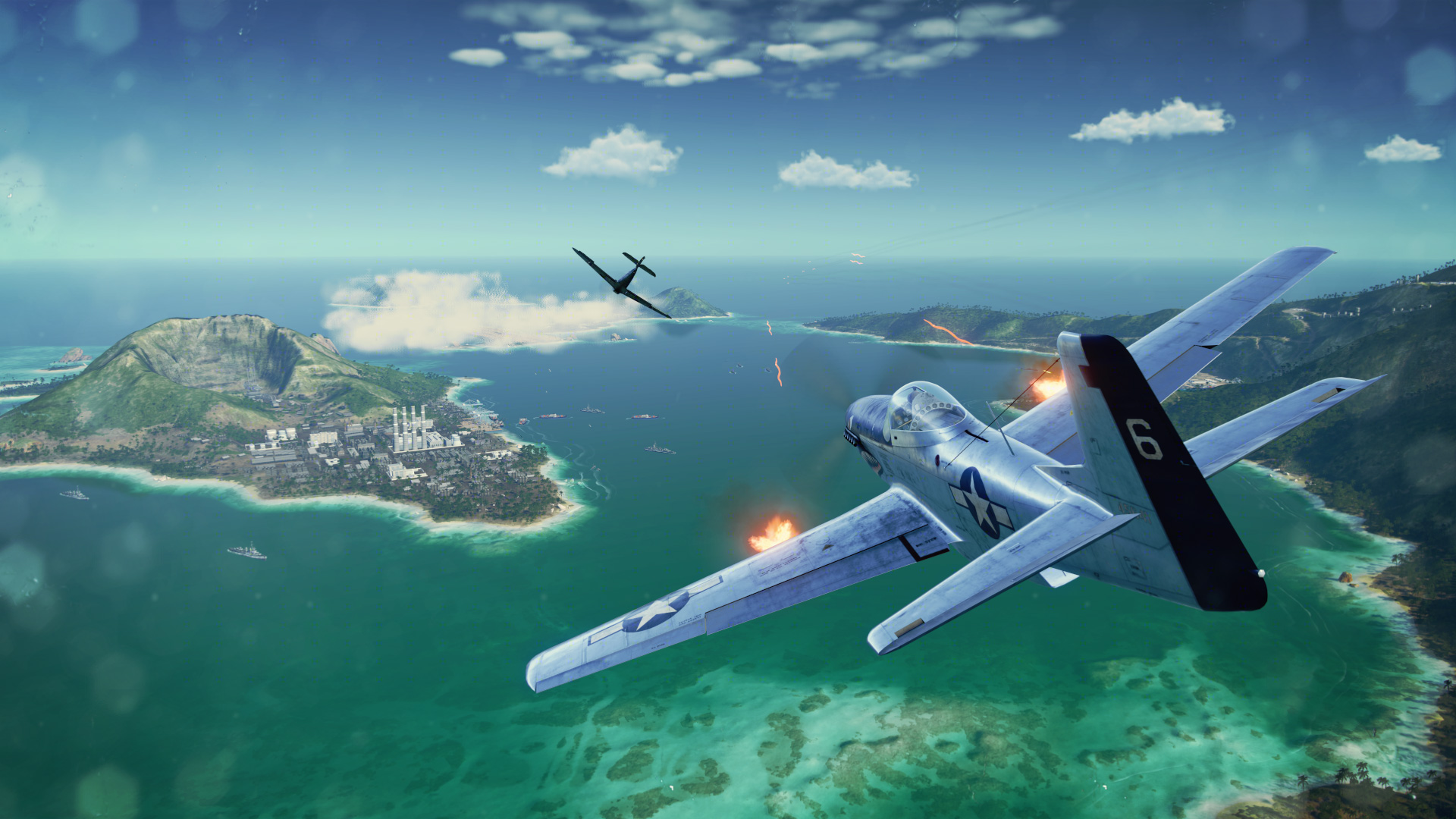 Best WW2 games: World of Warplanes. Image shows two plans flying through the sky over the ocean.