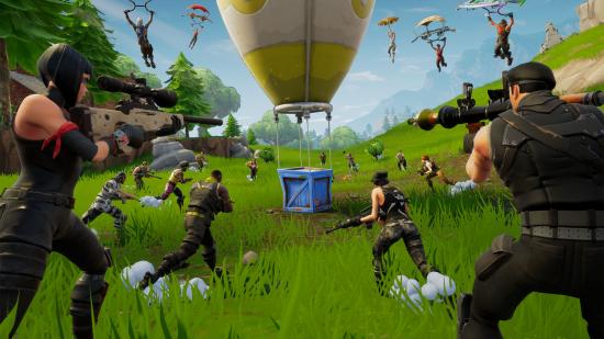 Fortnite tips: lots of loopers are running towards a crate that dropped into a field via a balloon.