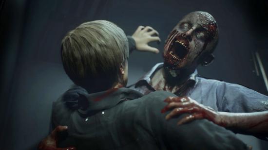 A zombie with its mouth wide open in the Resident Evil 2 remake, one of the best zombie games