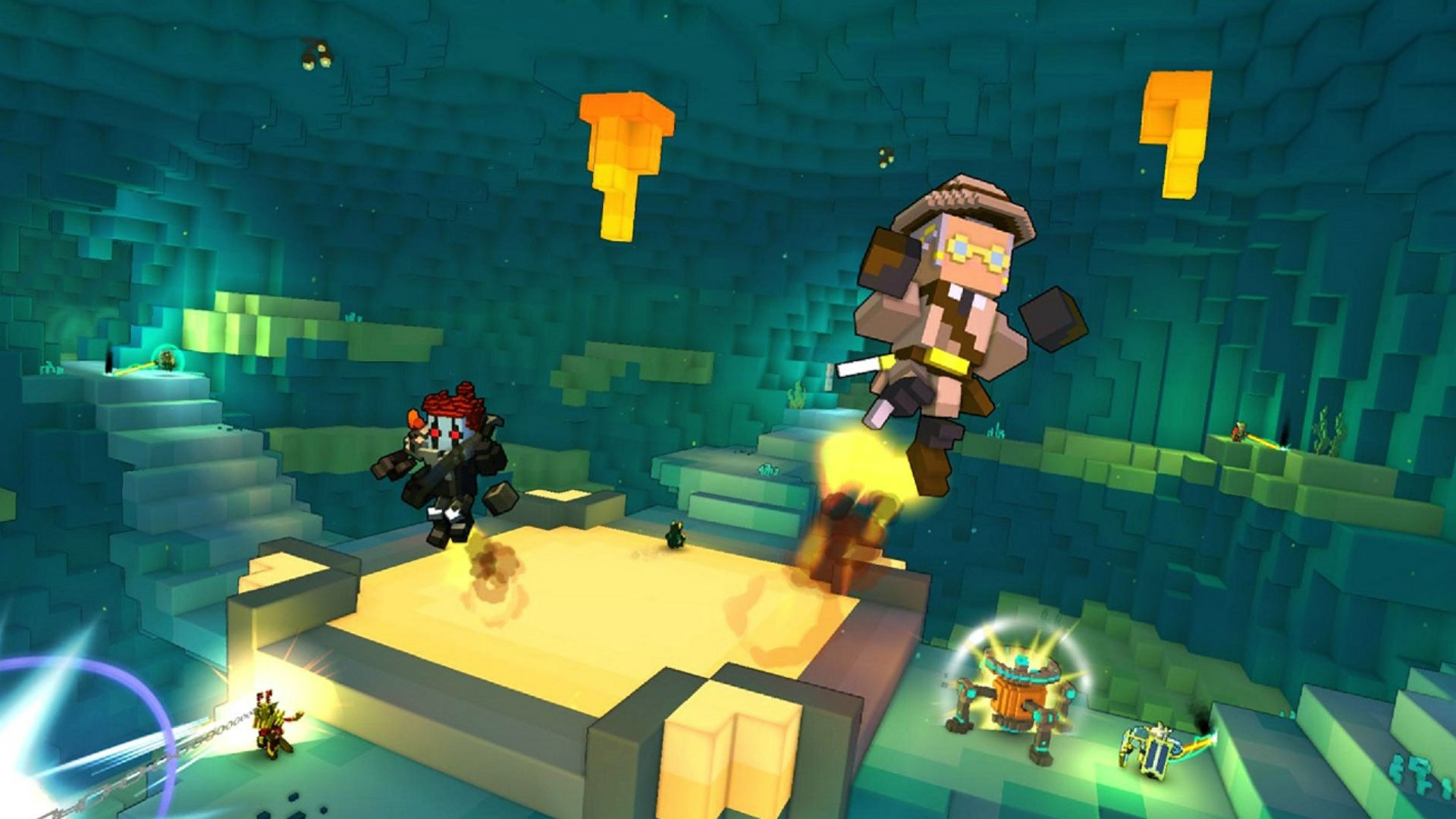 Best free PC games: Trove. Image shows a group of blocky characters in a cave.