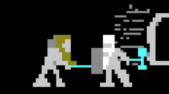 Dwarf Fortress: low-resolution pixel art of two bearded dwarves in combat, one holds a shield and holds a hammer while the other strikes with a sword