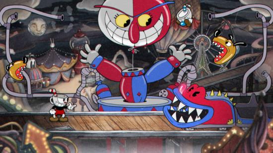 Best retro games: Cuphead. Image show Cuphead about to do battle with a sinister monster with large teeth at a carnival.
