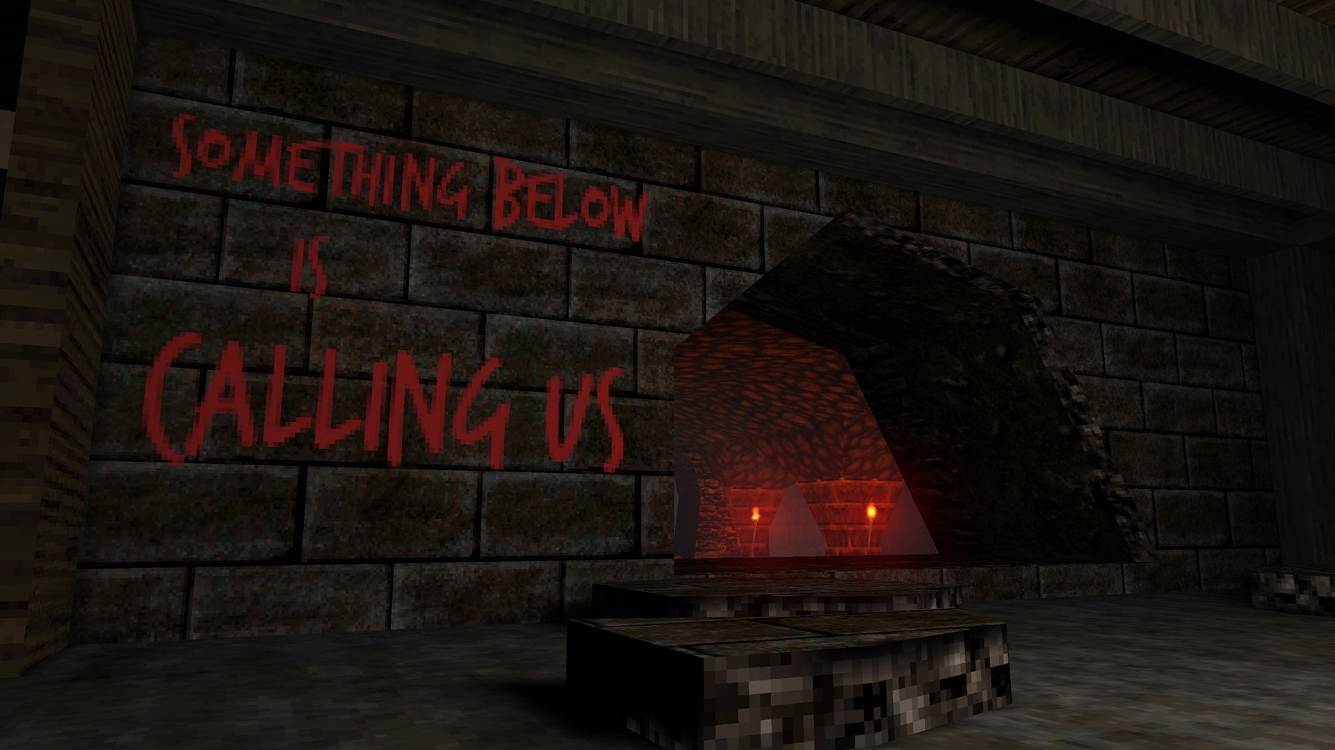 Best retro games: Dusk. Image shows a dark chamber with the words "something below is calling us" scrawled in red on the wall.