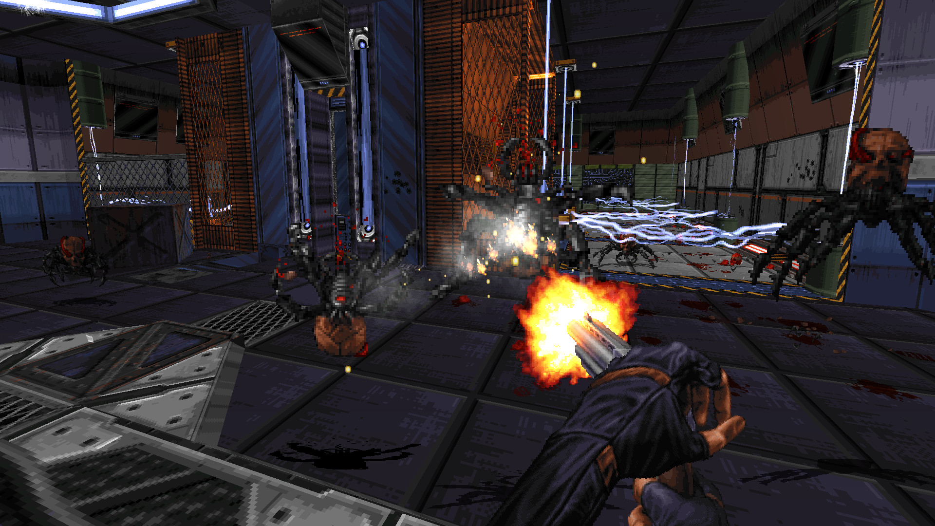 Best retro games: Ion Maiden. Image shows a player shooting an giant spiders in a futuristic building.