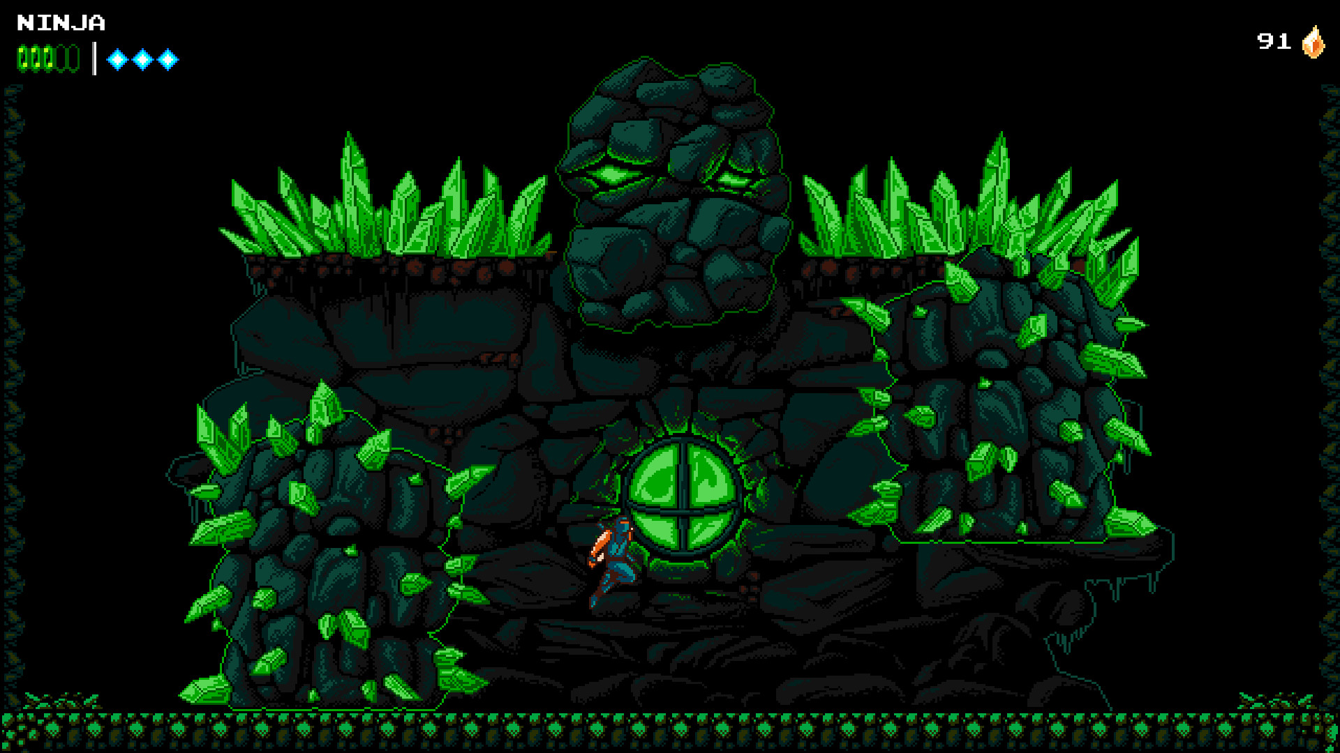 Best retro games: The Messenger. Image shows a large stone golem with crystals coming out of it.