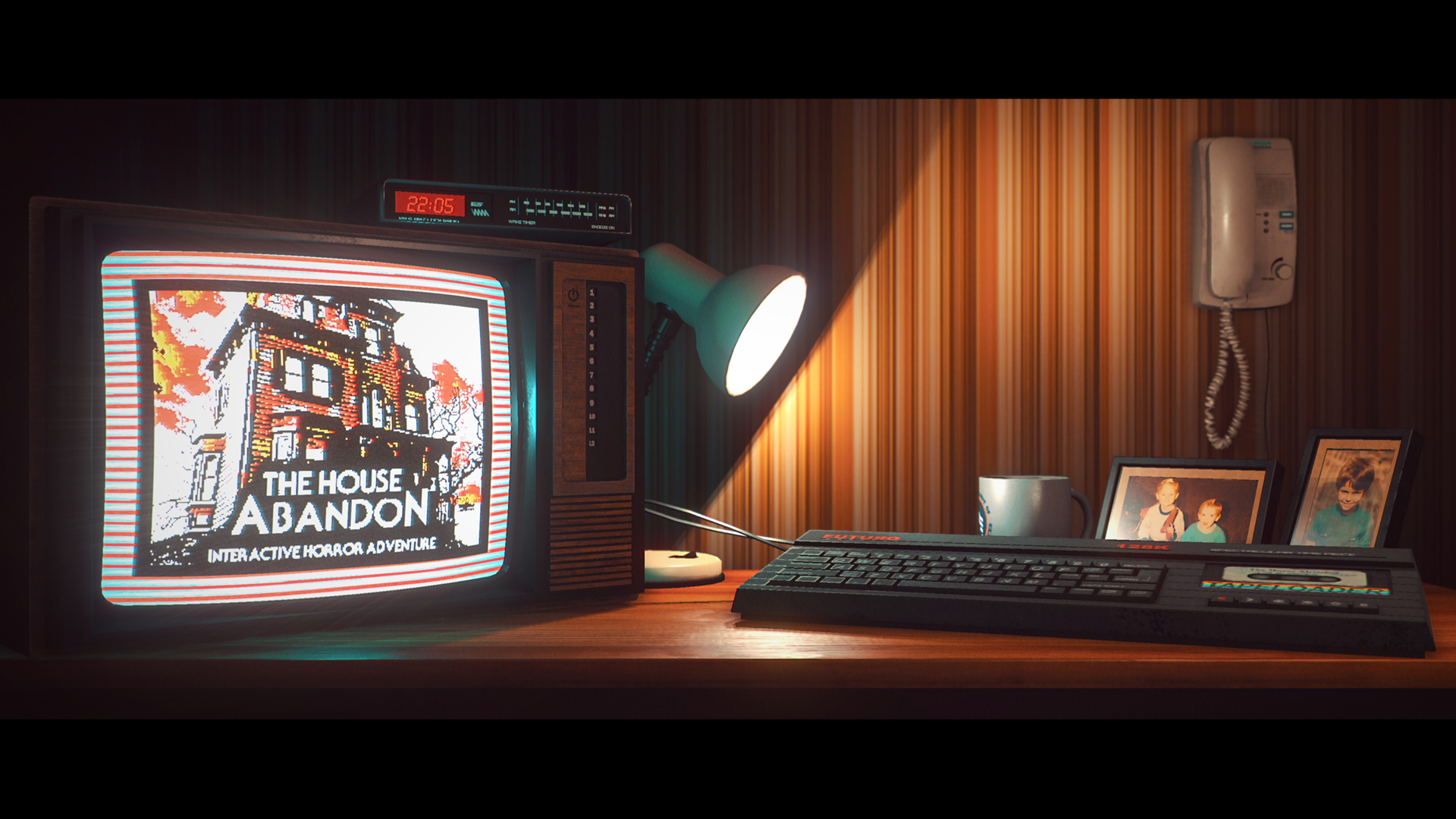 Best retro games: Stories Untold. Image shows an image of a desktop with a keyboard, lamp, photos, a mug, and a monitor showing the title screen of "The House Abandon. Interactive Horror Adventure"
