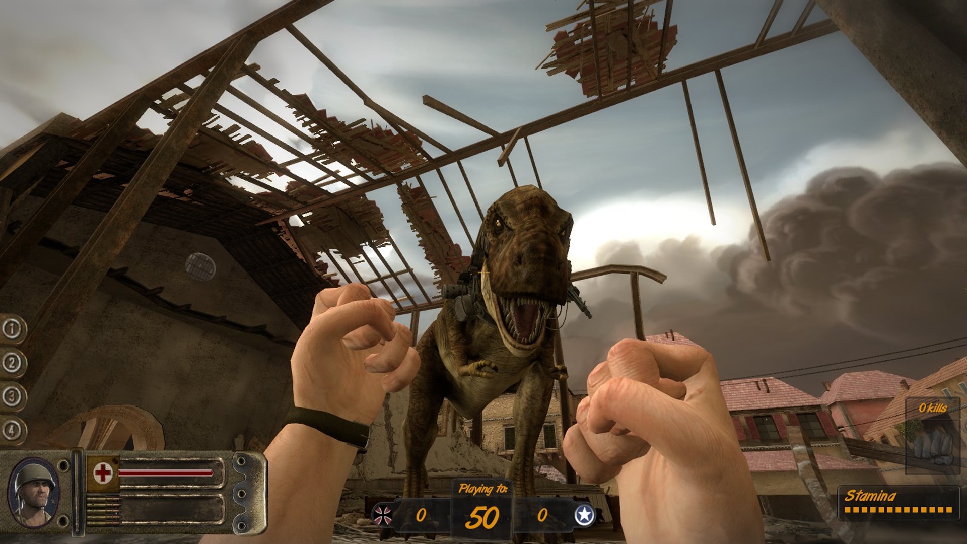 Squaring up to a T-Rex with just your fists in one of the best dinosaur games, Dino D-Day
