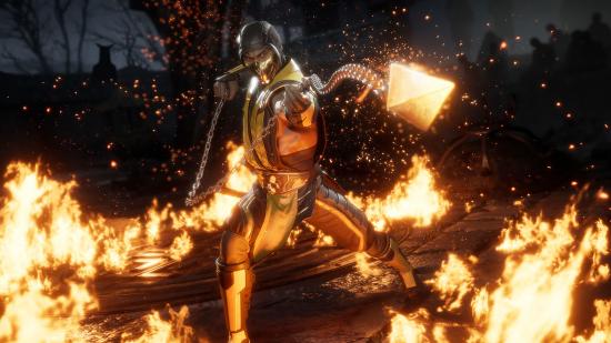Scorpion from Mortal Kombat 11, one of the best fighting games, throwing his flaming spear at the opponent.