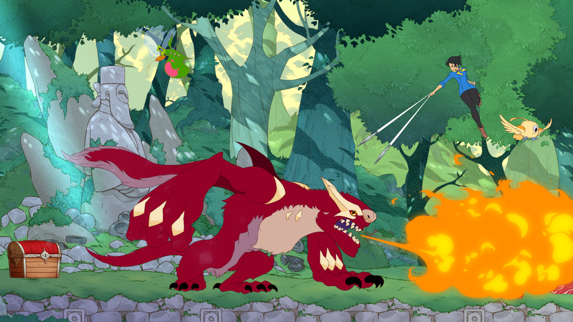 Meilleurs jeux d'anime: Battle Chef Brigade. L'image montre une redoutable créature à fourrure rouge respirant le feu