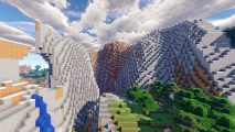 Minecraft shaders: a view of some mountains.