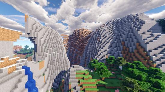 Minecraft shaders: a view of some mountains.
