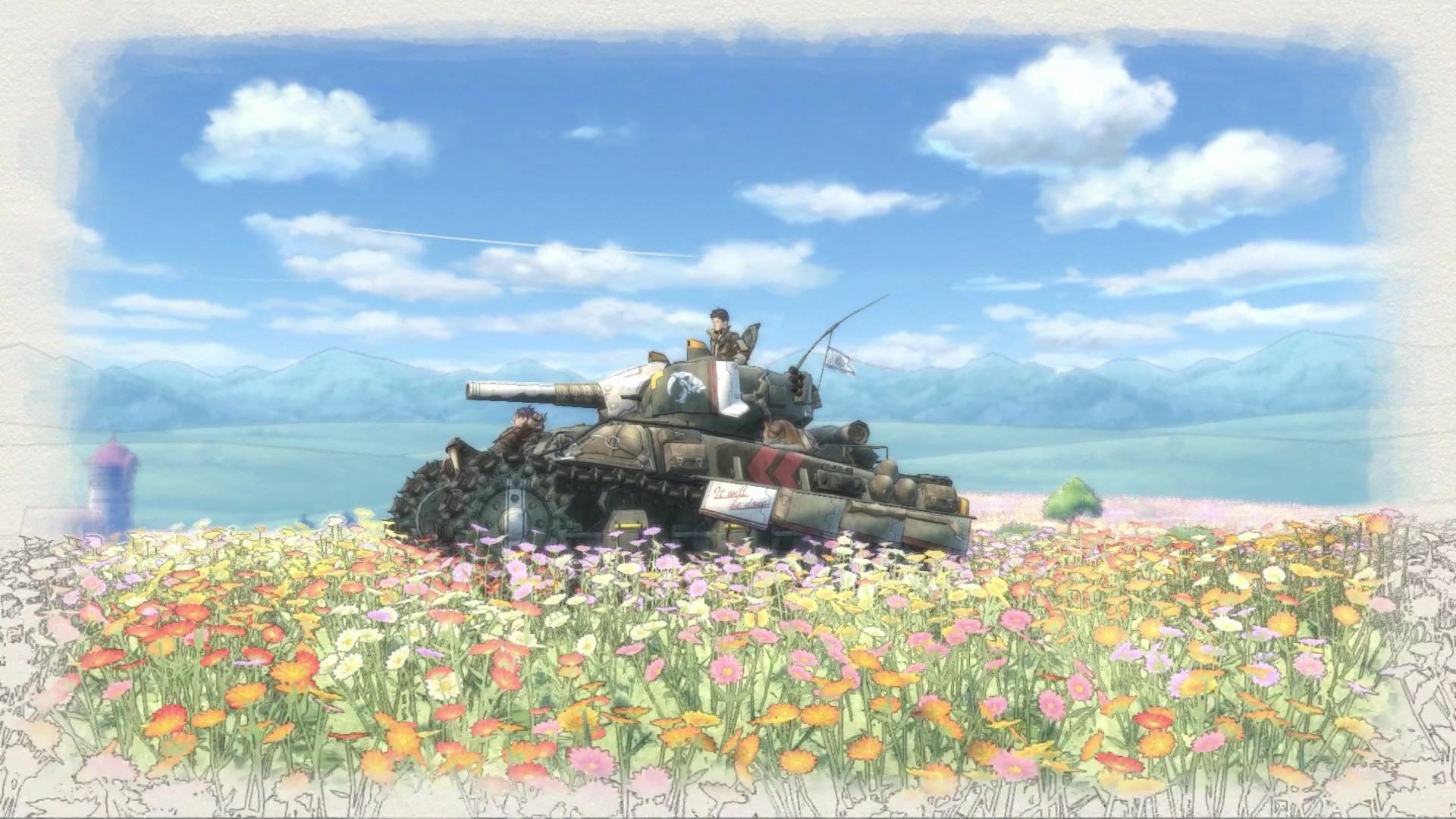 Best tank games: Valkyria Chronicles 4. Image shows a tank driving through a meadow.