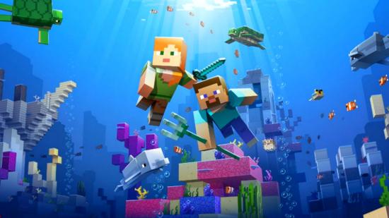 Minecraft trident: two people swimming near corals alongside a dolphin. One of them is holding a trident.