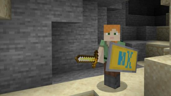 Minecraft-schild: een persoon met een gouden zwaard en schild met aangepaste versiering.