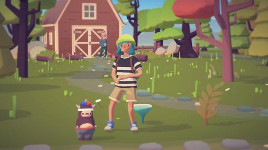 Best games like Pokémon - an Ooblet trainer vibing with her pet, which looks like a mole in a viking hat.