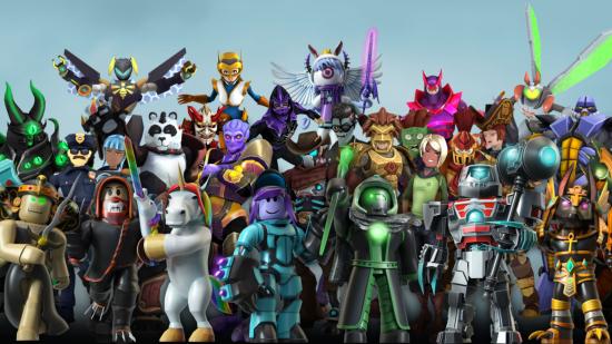 Best building games: An array of colourful and outlandish Roblox characters, like a unicorn with a sword and a flying, one-eyed demon