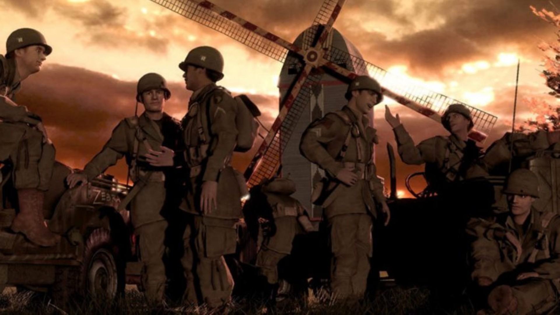 Best WW2 games: Brother's in Arms: Hell's Highway. Image shows a group of soldiers being friendly to each other.