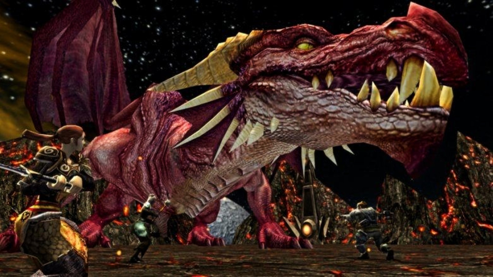 Los mejores juegos gratuitos para PC: D&D Online. La imagen muestra un gran dragón que es combatido por un grupo de guerreros.