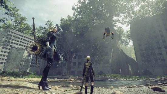 Best apocalypse games - Nier Automatica: Two protaganists and a hovering robot explore a desolate, overgrown wasteland
