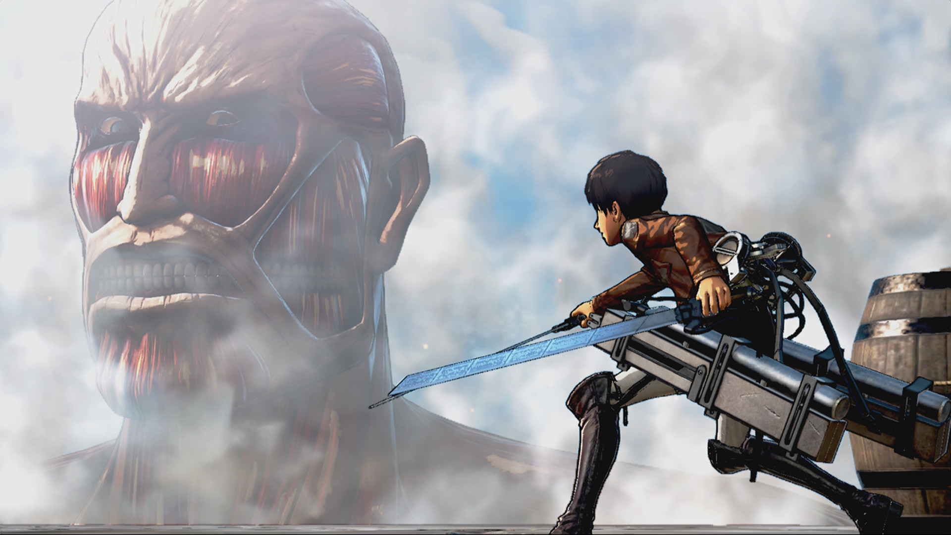 Best anime games: Attack on Titan. Image shows a titan looking at someone and looking hungry.