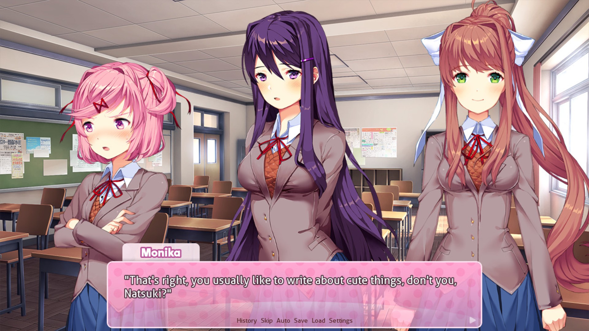 Best anime games: Doki Doki Literature Club. Image shows three anime school girls. One named Monika is saying "That's right, you usually like to write about cute things, don't you, Natsuki?" as seen in a text box.