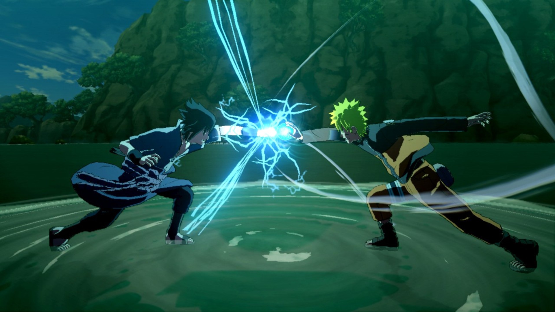 Los mejores juegos de anime: Naruto Shippuden: Ultimate Ninja Storm 3 Burst Full. La imagen muestra dos luchadores cuyos puños han colisionado y generado electricidad