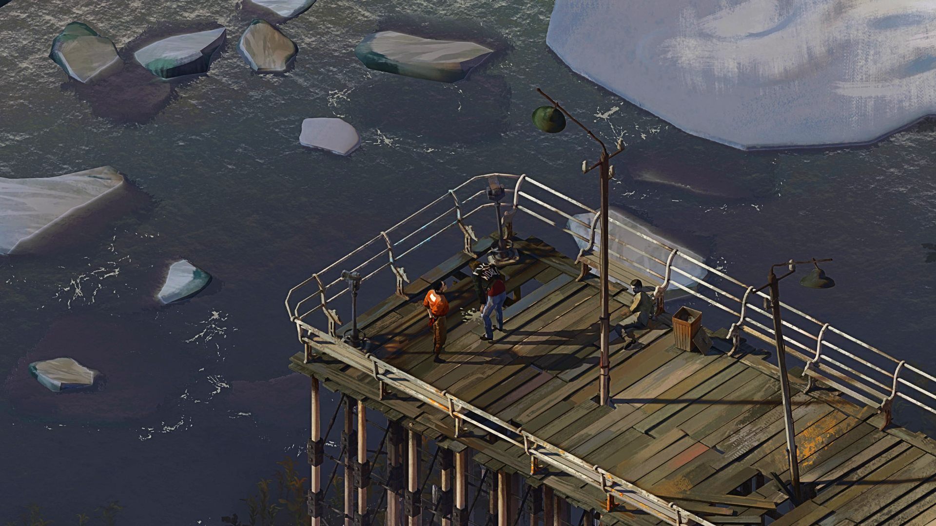 Best indie games: Disco Elysium. Image shows a group of characters looking out on rocks from a pier.