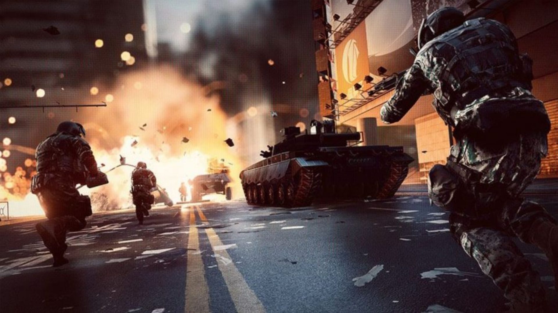 Beste tankspellen: Battlefield 2042. Afbeelding toont soldaten en tanks in de straten van de stad. Ook is er een explosie