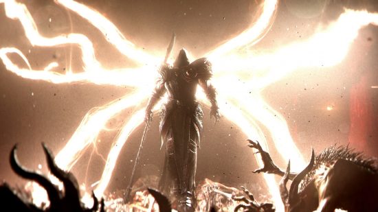 Diablo 4 endgame: a person dressed in heavy armour destroys a horde of monsters with lightning.