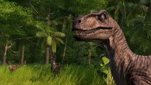 A raptor staring into the camera menacingly in Jurassic World Evolution