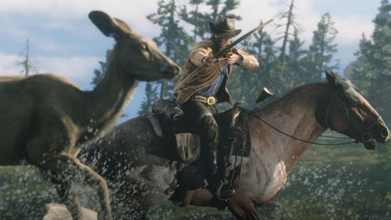 A cowboy hunting deer on horseback