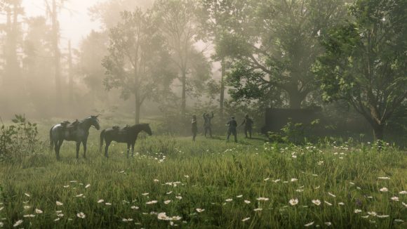 Cowboys conducting business in a meadow