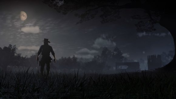 A cowboy standing under the moon at night