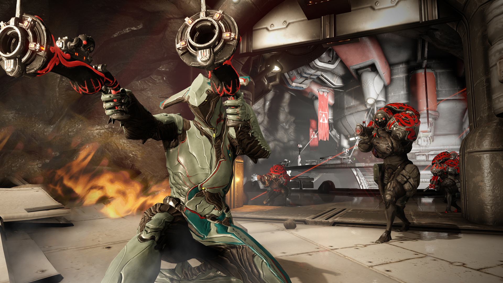 Best free PC games: Warframe. A screenshot shows a character in futuristic attire pointing a gun at someone off camera.