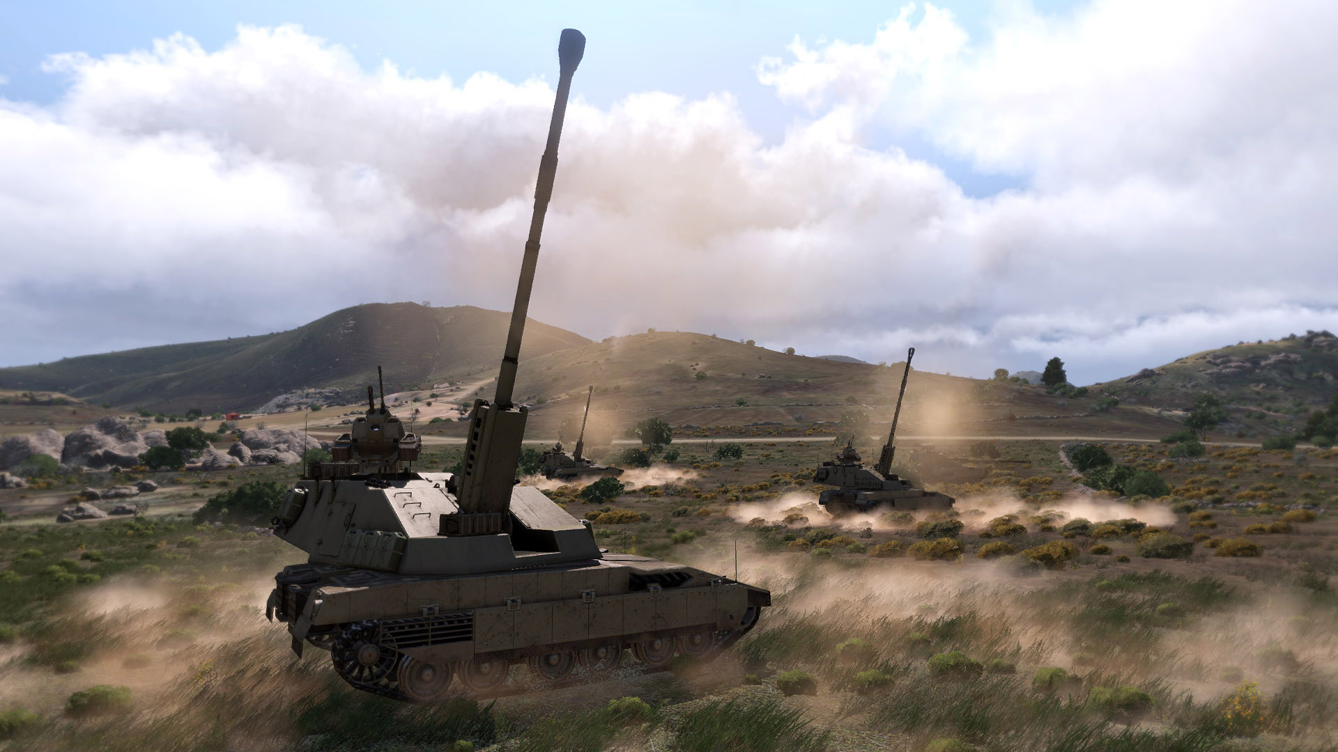 Best tank games: Arma 3. Image shows tanks rising their trunks triumphantly.