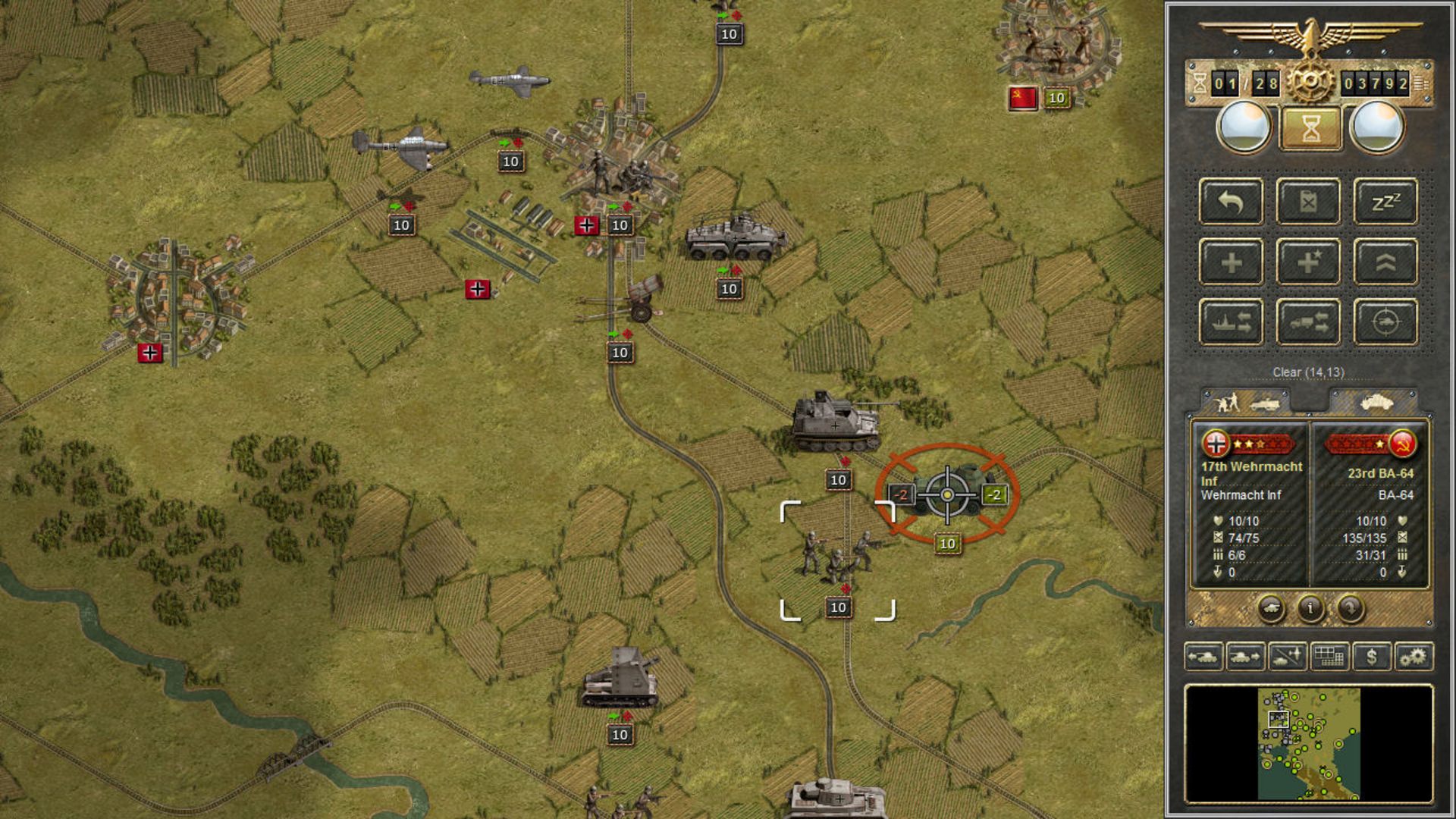 Beste tankspellen: Panzer Corps. Afbeelding toont verschillende tanks die worden getoond op een kaart van velden