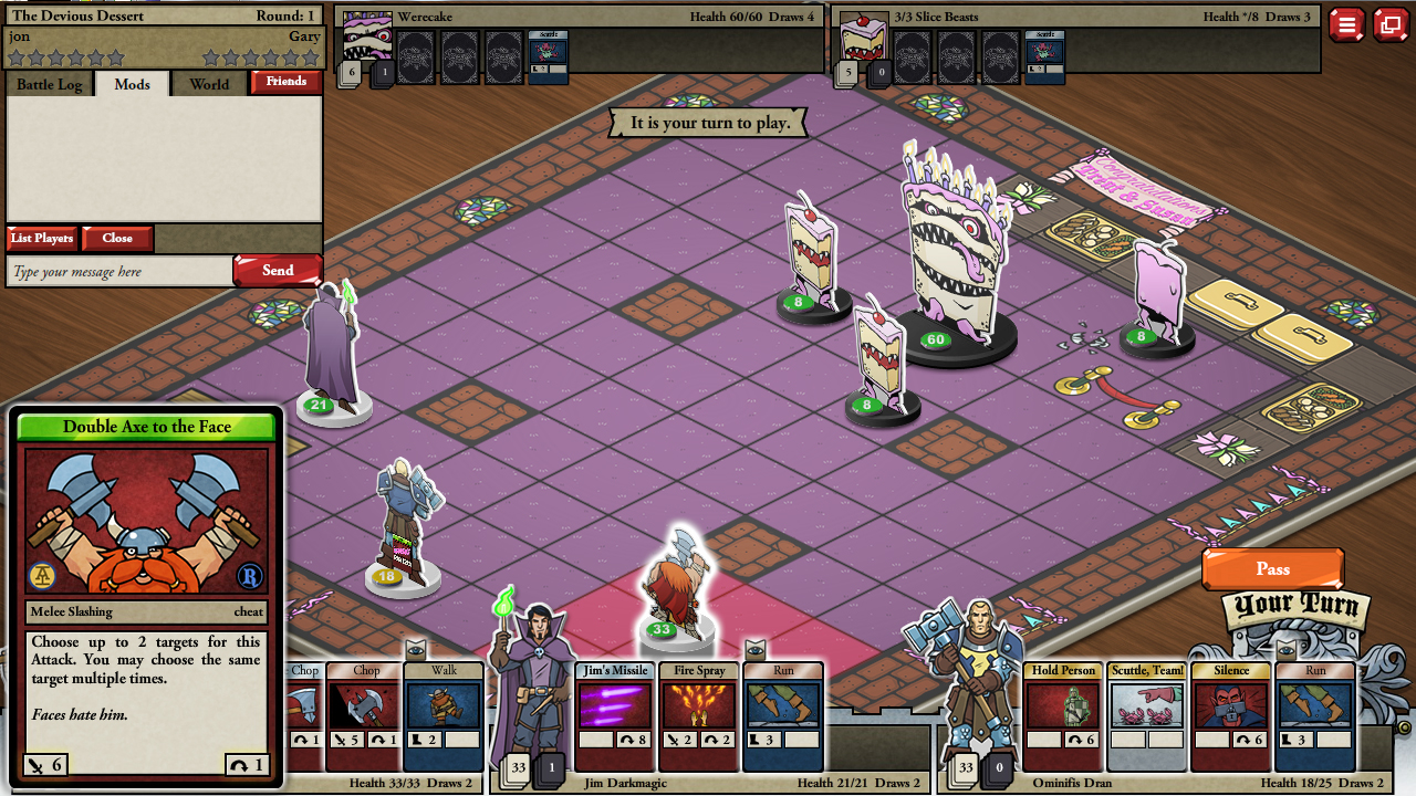Online games: Card Hunter. Image shows a battle taking place on a grid.