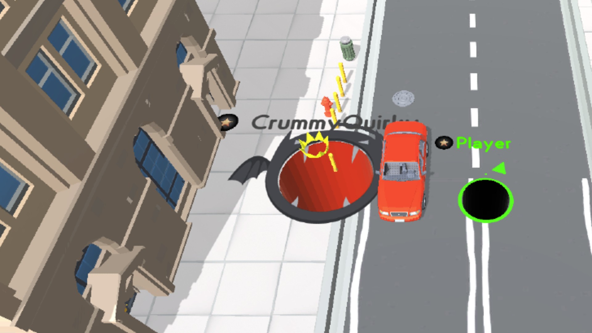 Online játékok: Hole.io. A kép azt mutatja, hogy egy óriási lyuk mozog egy autó felé, felkészülni az enni