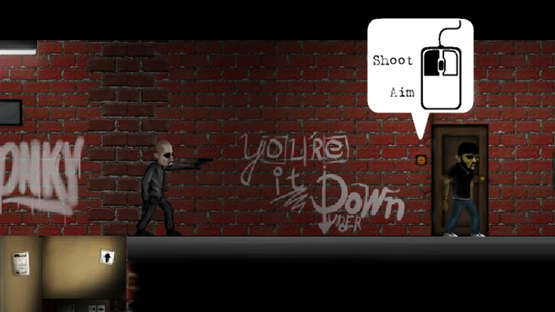 Online játékok: Pedro barátom. A kép azt mutatja, hogy egy karakter felkészül arra, hogy valakit az utcán lőjön
